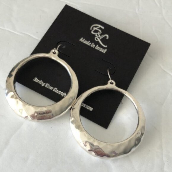 E&L Israel 925 Sterling Silver Circle Hammered Electroform Dangle Earrings - Picture 6 of 15